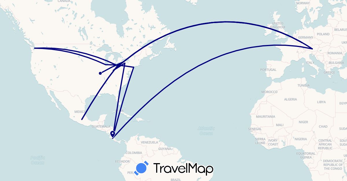 TravelMap itinerary: driving in Austria, Costa Rica, Germany, Mexico, United States (Europe, North America)